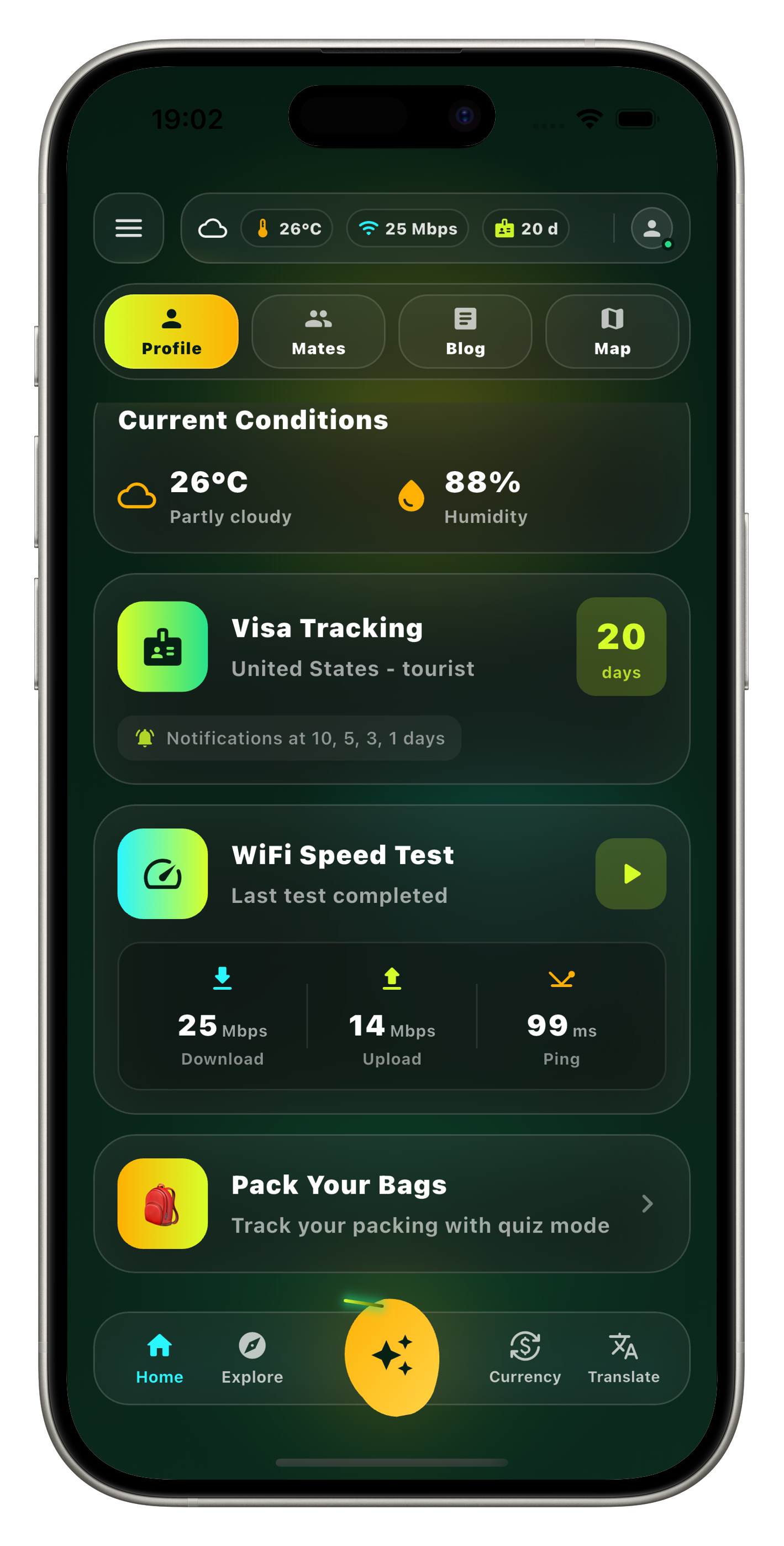 Home dashboard with WiFi speed test